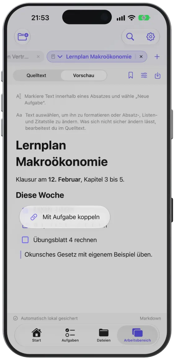 Langes Drücken auf die Checkbox öffnet „Mit Aufgabe koppeln“.