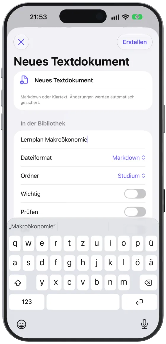Das Blatt „Neues Textdokument“ mit Name, Dateiformat, Ordner und Tags.