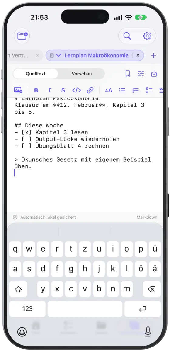 Dasselbe Dokument im Quelltext mit der Formatierungsleiste.