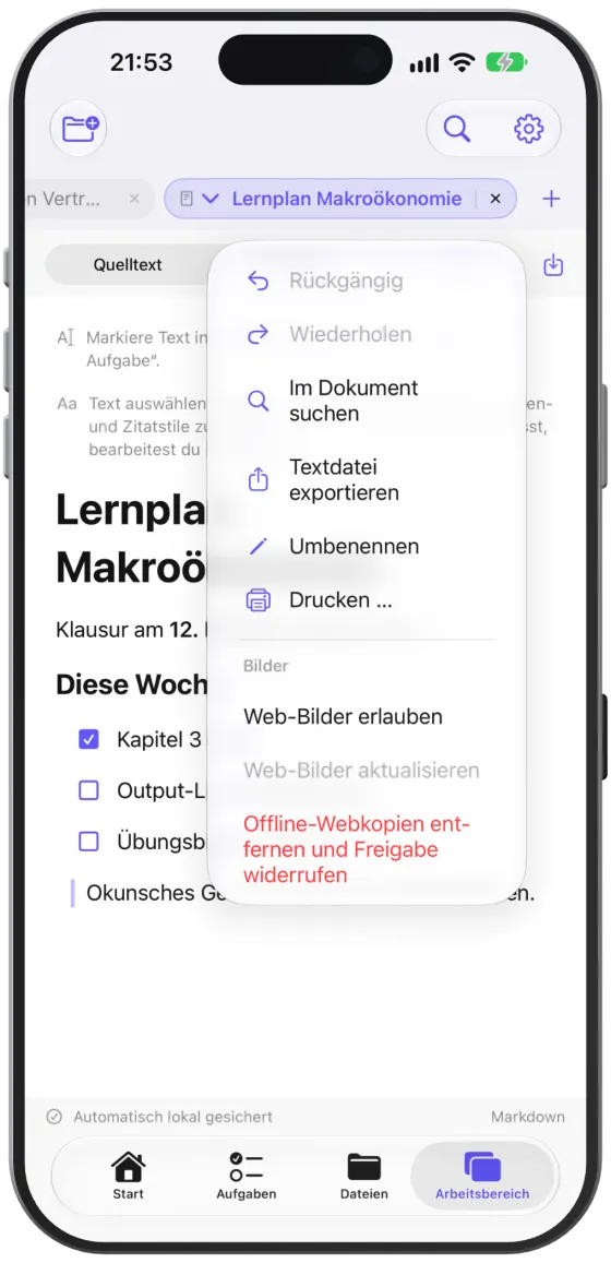Das Menü „Textwerkzeuge“ eines Markdown-Dokuments.