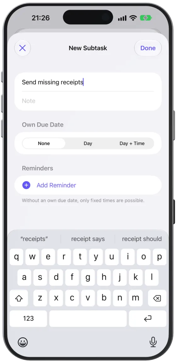 The “New Subtask” sheet with title, note, own due date and reminders.