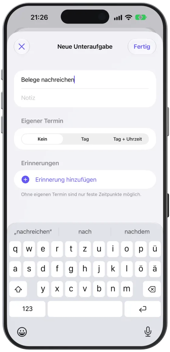 Das Blatt „Neue Unteraufgabe“ mit Titel, Notiz, eigenem Termin und Erinnerungen.
