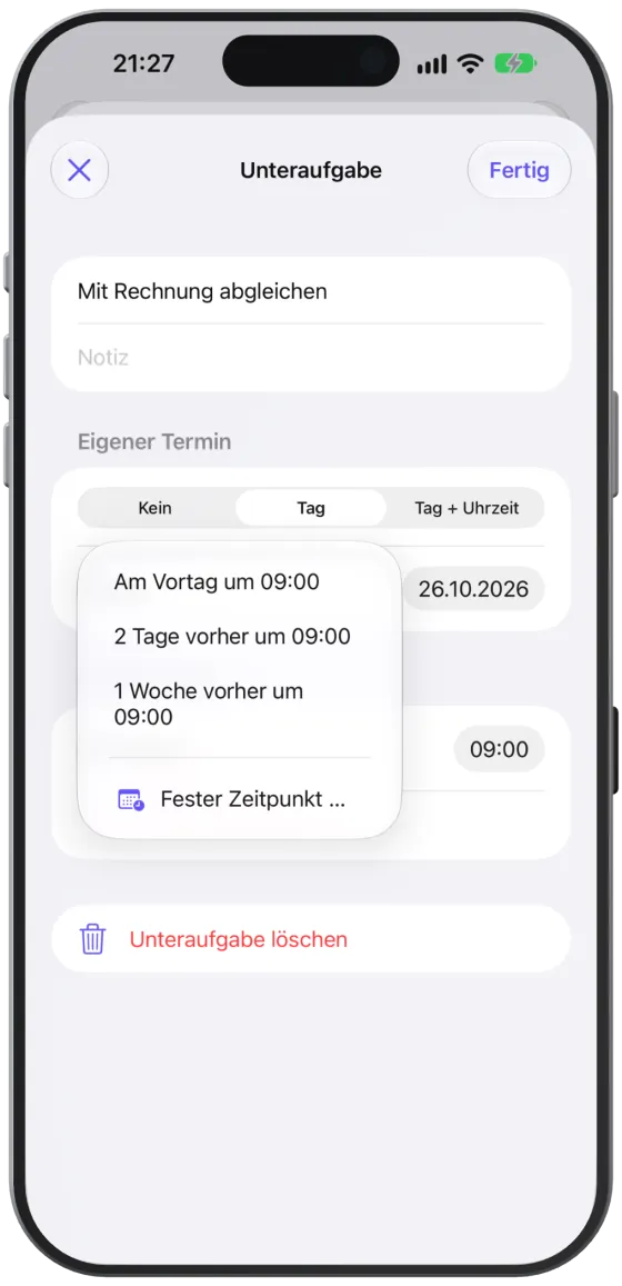 Das Menü „Erinnerung hinzufügen“ mit Vorlagen passend zum Termin und „Fester Zeitpunkt …“.
