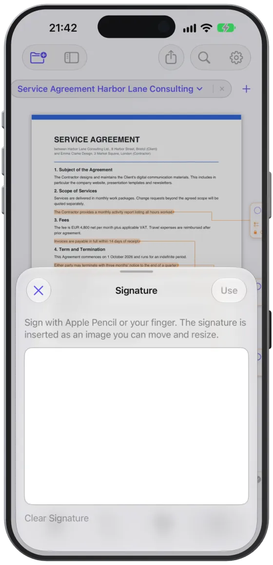 The signature field with a drawn signature.
