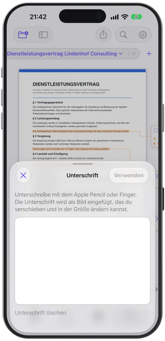 Das Unterschriftenfeld mit einer gezeichneten Unterschrift.