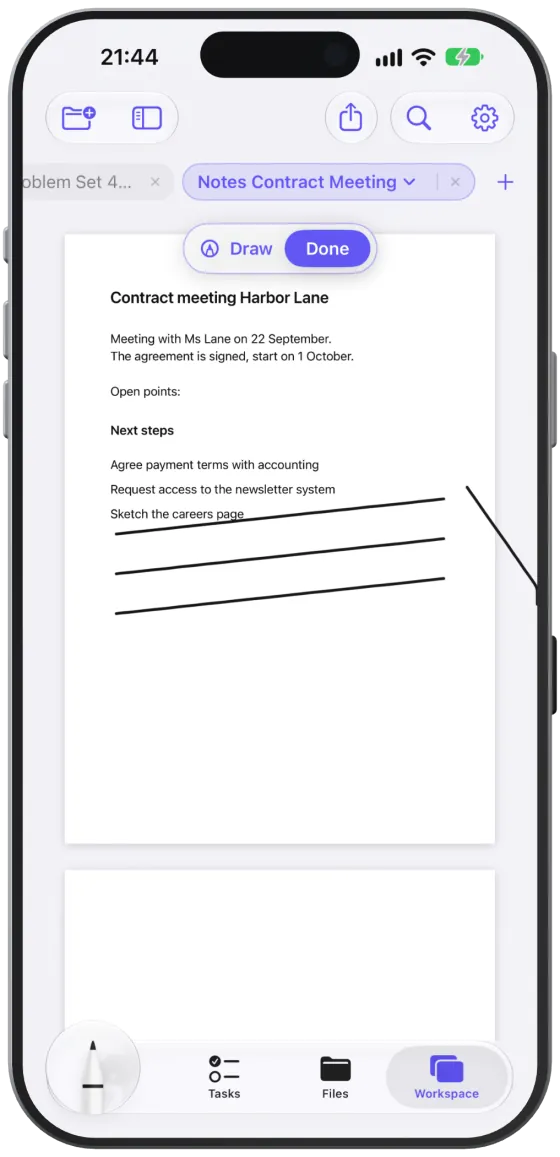 Handwriting on a note with the tool palette showing.