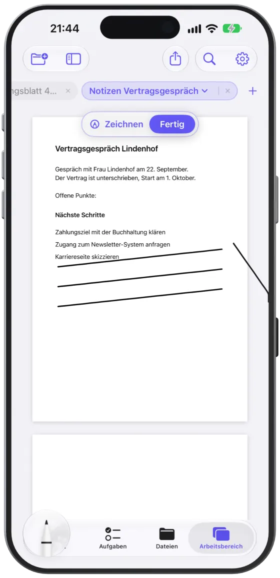 Handschrift auf einer Notiz mit eingeblendeter Werkzeugpalette.